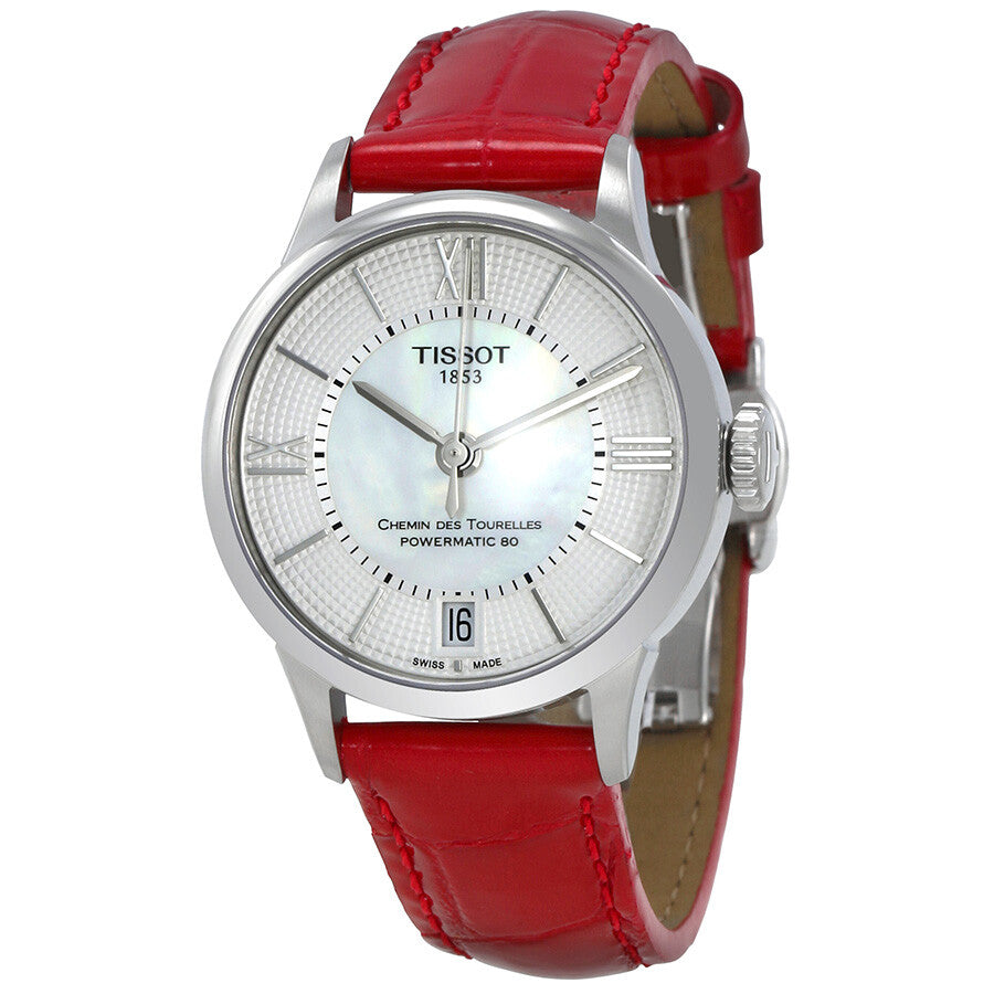 Tissot Chemin Des Tourelles Powermatic 80 Mother of Pearl White Dial Red Leather Strap Watch For Women - T099.207.16.118.00