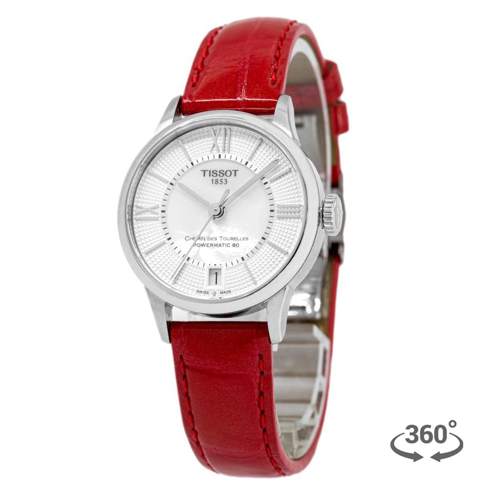 Tissot Chemin Des Tourelles Powermatic 80 Mother of Pearl White Dial Red Leather Strap Watch For Women - T099.207.16.118.00