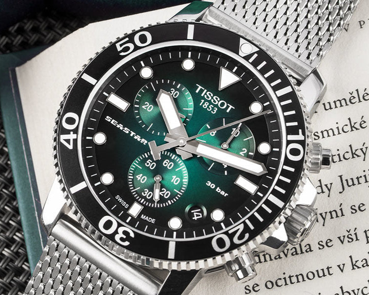 Tissot Seastar 1000 Chronograph Green Dial Silver Mesh Bracelet Watch For Men - T120.417.11.091.00