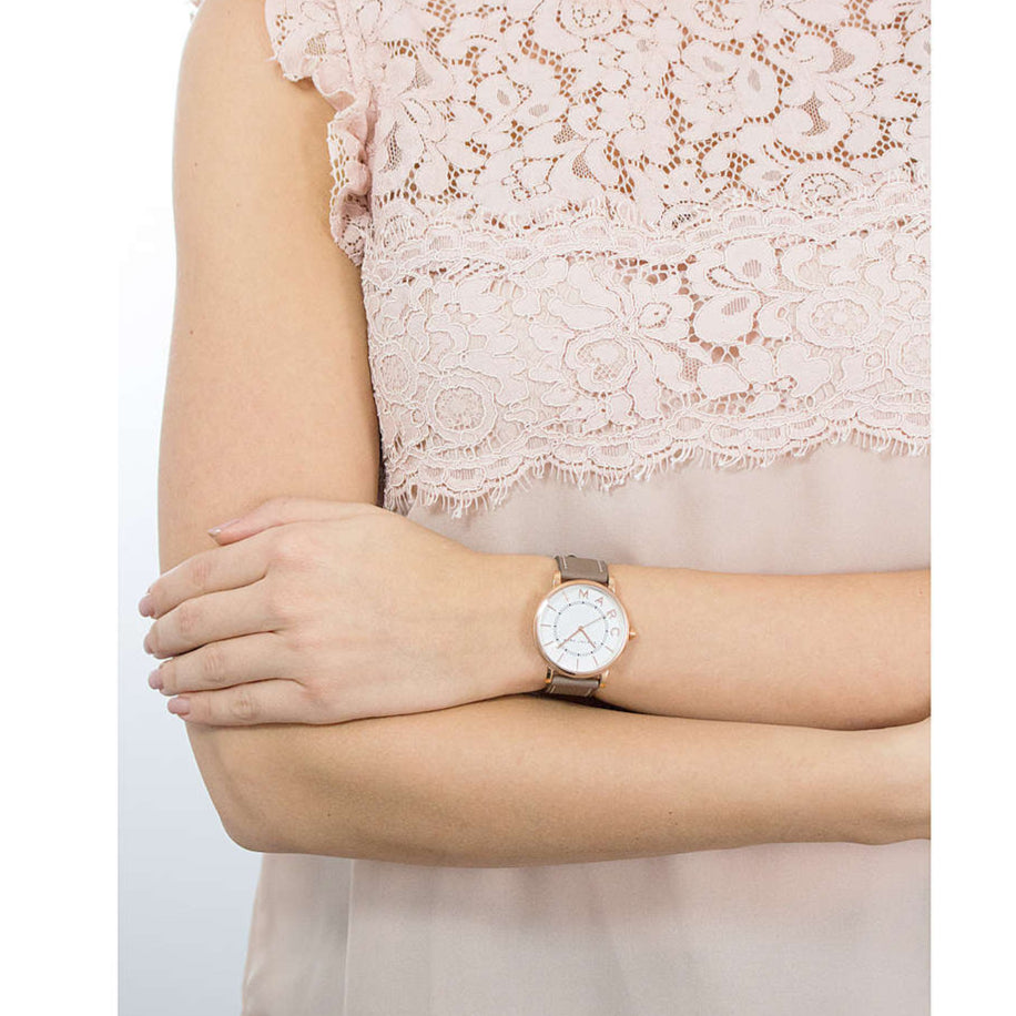 Marc Jacobs Roxy White Dial Cement Brown Leather Strap Watch for Women - MJ1533