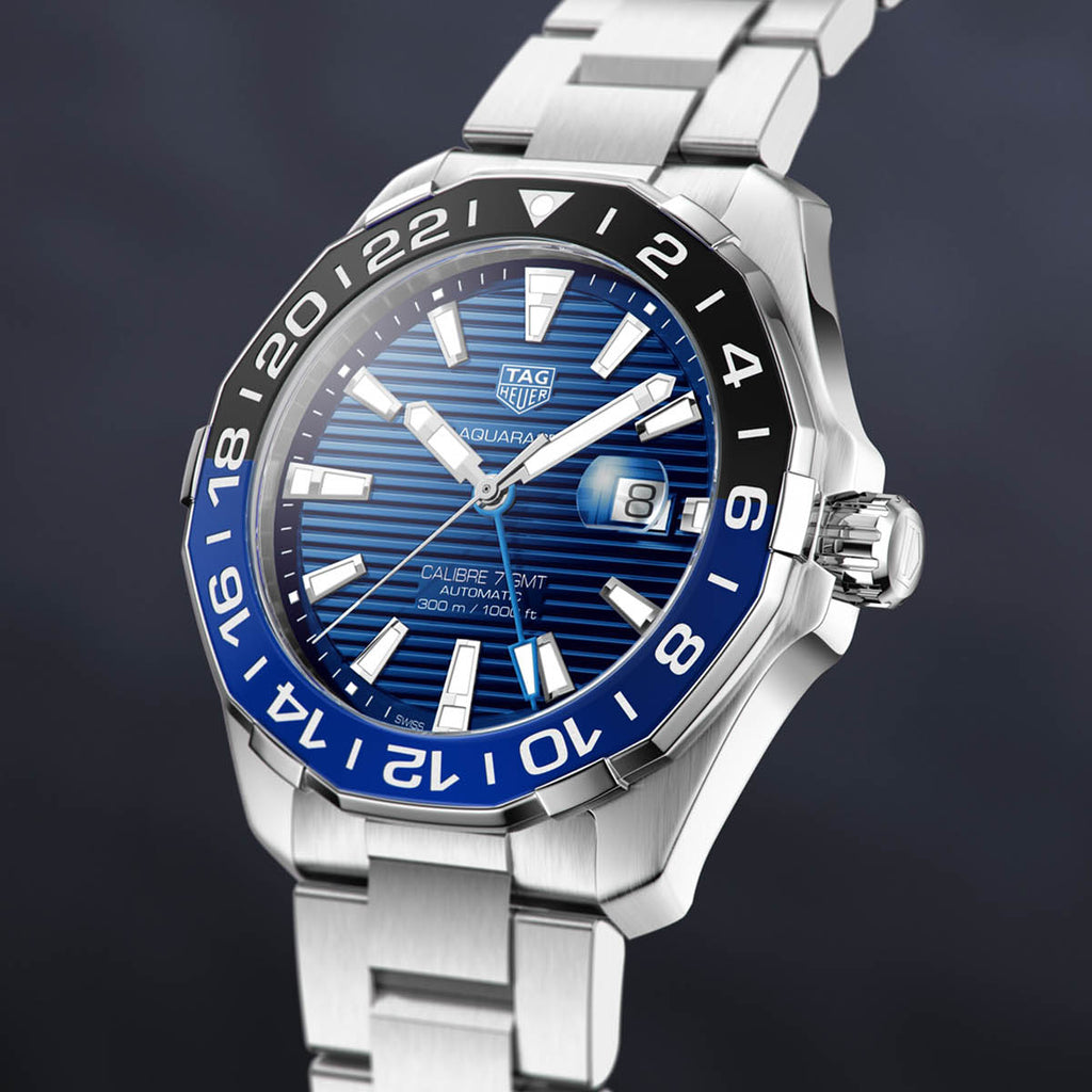 Tag Heuer Aquaracer GMT Calibre 6 Automatic Blue Dial Silver Steel Strap Watch for Men - WAY201T.BA0927