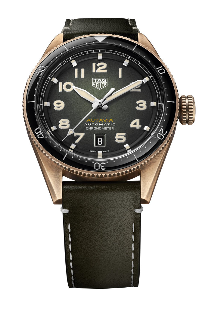 Tag Heuer Autavia Calibre 5 Automatic Olive Green Dial Green Leather Strap Watch for Men - WBE5190.FC8268
