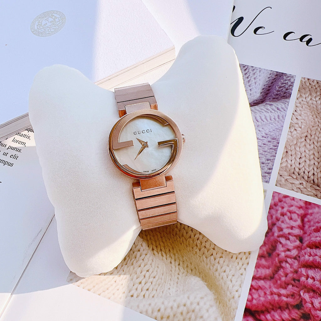 Gucci G Interlocking Mother of Pearl Dial Rose Gold Steel Strap Watch For Women - YA133515