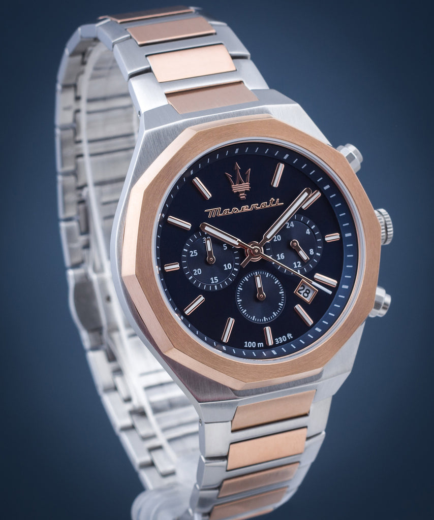 Maserati Stile Chronograph Blue Dial Rose Gold Two Tone Strap Watch For Men - R8873642002