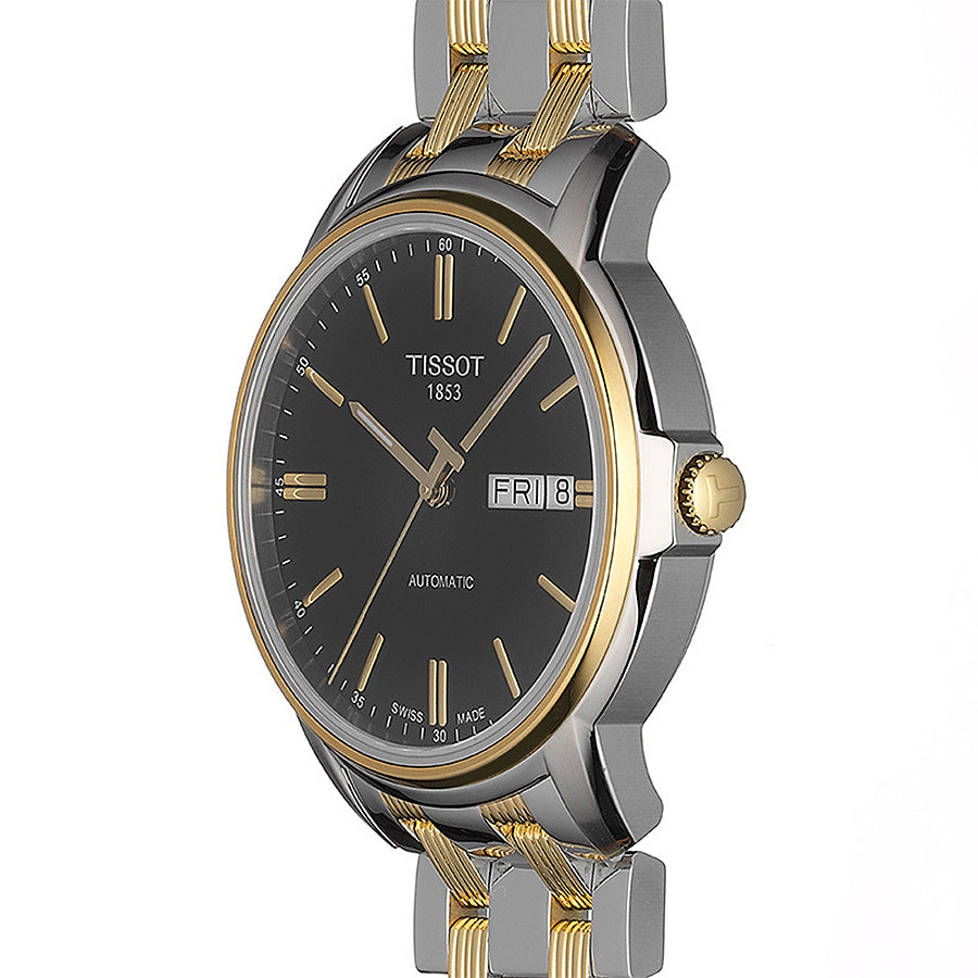 Tissot Automatics III Day Date Black Dial Two Tone Steel Strap Watch For Men - T065.430.22.051.00