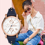 Fossil Original Boyfriend Chronograph White Dial Navy Blue Leather Strap Watch for Women - ES3838