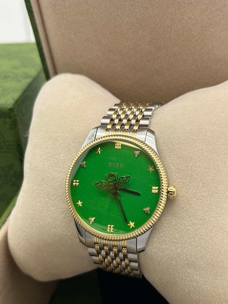 Gucci G Timeless Quarzuhr mit grünem Zifferblatt und zweifarbigem 