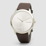 Calvin Klein Minimal Silver Dial Brown Leather Strap Watch for Men - K3M211G6