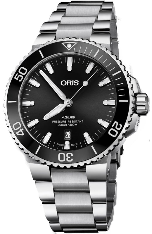 Oris Aquis Date Black Dial Silver Steel Strap Watch for Men