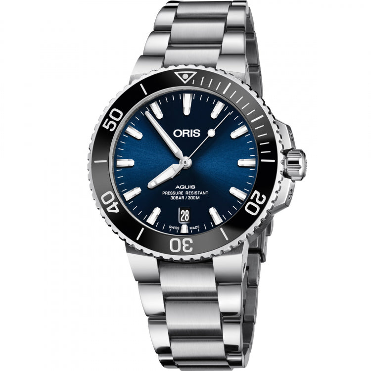 Oris Aquis Date Blue Dial Silver Steel Strap Watch for Men