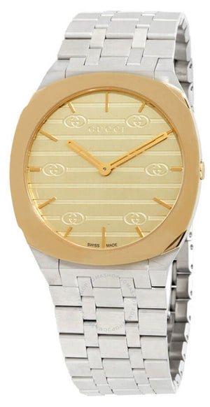 Gucci 25H Quartz Gold Dial Silver Steel Strap Unisex Watch - YA163403