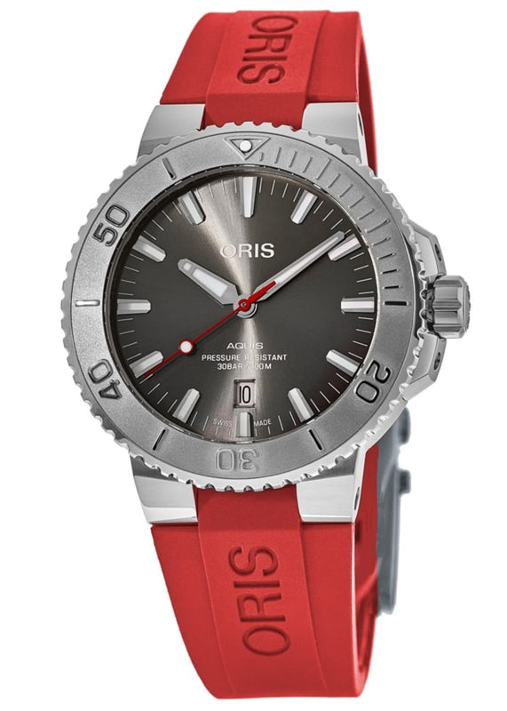 Oris Aquis Date Relief Grey Dial Red Rubber Strap Watch for Men