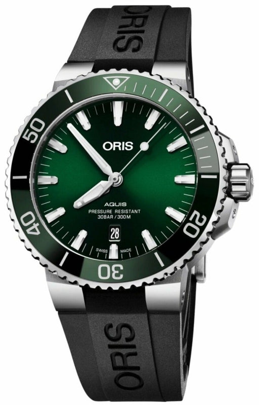 Oris Aquis Date Green Dial Black Rubber Strap Watch for Men