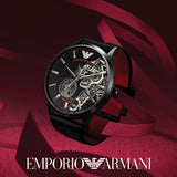 Emporio Armani Meccanico Skeleton Black Dial Black Leather Strap Watch For Men - AR60046