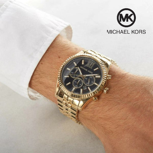 Michael Kors Lexington Chronograph Steel Strap Men Black Dial Gold Watch for