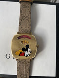 Gucci Grip Disney Mickey Mouse Gold Dial Brown Leather Strap Watch For Women - YA157420