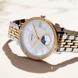 Fossil Jacqueline Analog Moonphase Mother of Pearl White Dial Two Tone Steel Strap Watch for Women - ES5166
