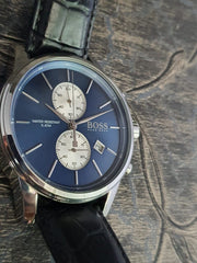 Hugo Boss Jet Chronograph Blue Dial Black Leather Strap Watch for Men - 1513283