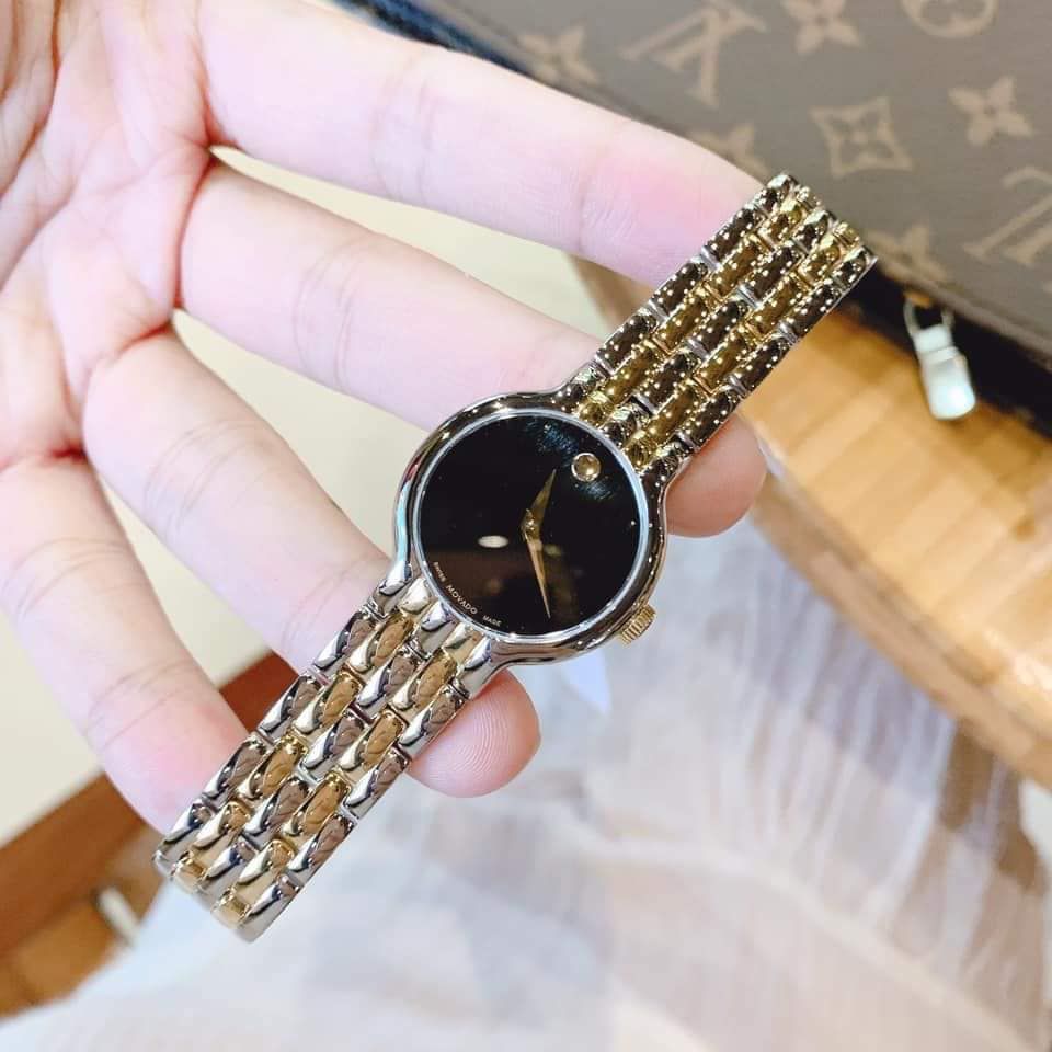 Movado Veturi Quartz Black Dial Two Tone Steel Strap Watch for Women