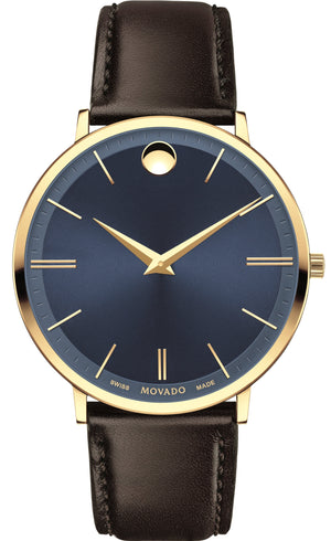 Movado Ultra Slim Blue Dial Brown Leather Strap Watch For Men - 0607088