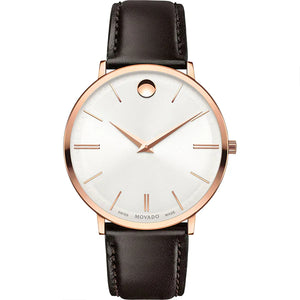 Movado Ultra Slim White Dial Brown Leather Strap Watch For Men - 0607089