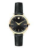 Movado Ultra Slim Black Dial Black Leather Strap Watch For Women -  0607095