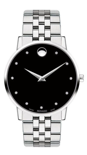 Movado Museum Classic Diamonds Black Dial Silver Steel Strap Watch for Men - 0607201