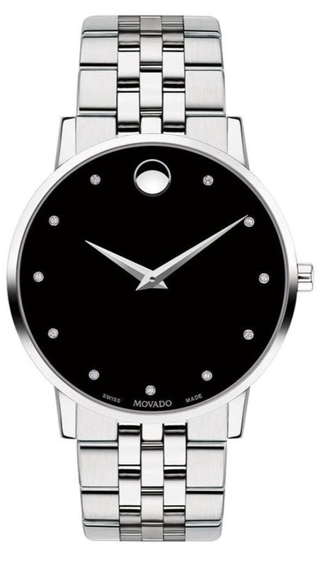 Movado Museum Classic Diamonds Black Dial Silver Steel Strap Watch for Men - 0607201