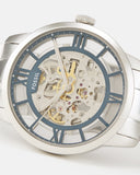 Fossil Townsman Automatic Skeleton Silver Dial Silver Steel Strap Watch for Men - ME3044