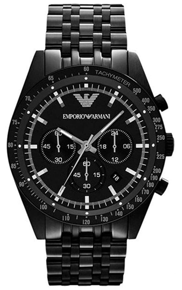Emporio Armani Tazio Chronograph Black Dial Black Steel Strap