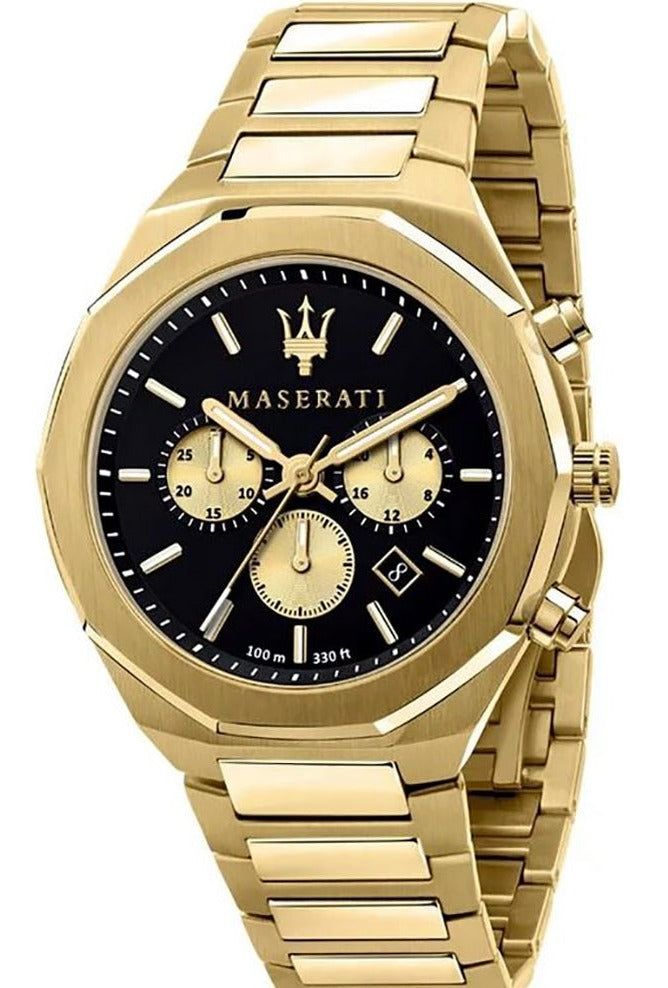 Maserati Stile Chronograph Black Dial Gold Steel Strap Watch For Men