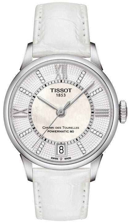 Jam Tangan Tissot Chemin Des Tourelles Powermatic 80 Lady White Dial White Leather Strap Untuk Wanita - T099.207.16.116.00