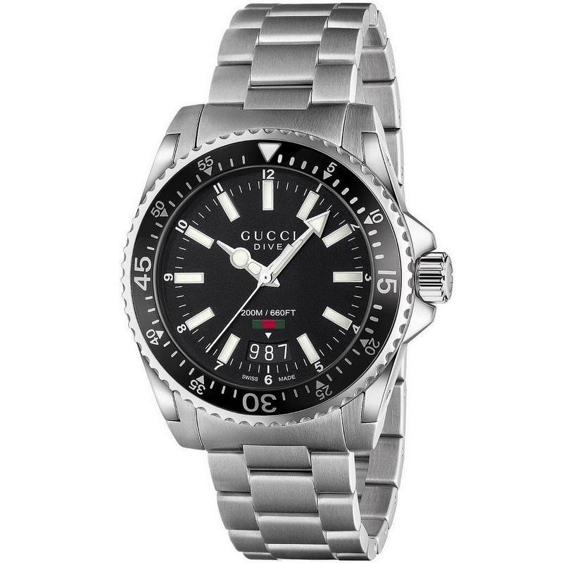 Gucci Dive Quartz Black Dial Silver Steel Strap Watch For Men - YA1363