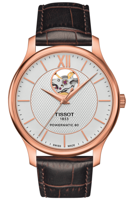 Tissot Tradition Powermatic 80 Open Heart Silver Dial Jam Tangan Tali Kulit Coklat Untuk Pria - T063.907.36.038.00