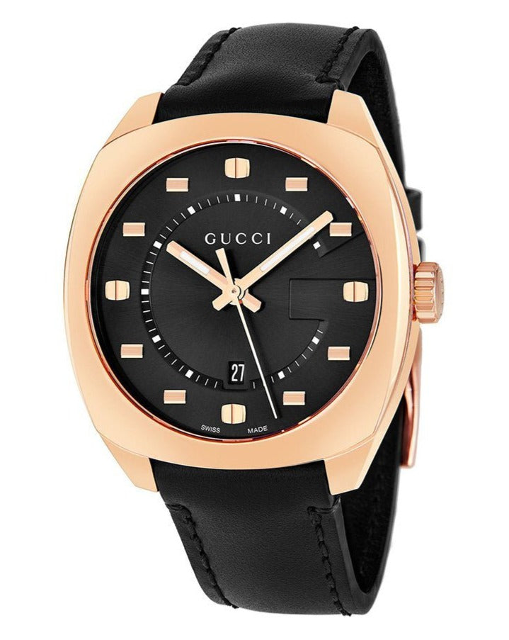 Gucci GG2570 Quartz Black Dial Black Leather Strap Watch For Men