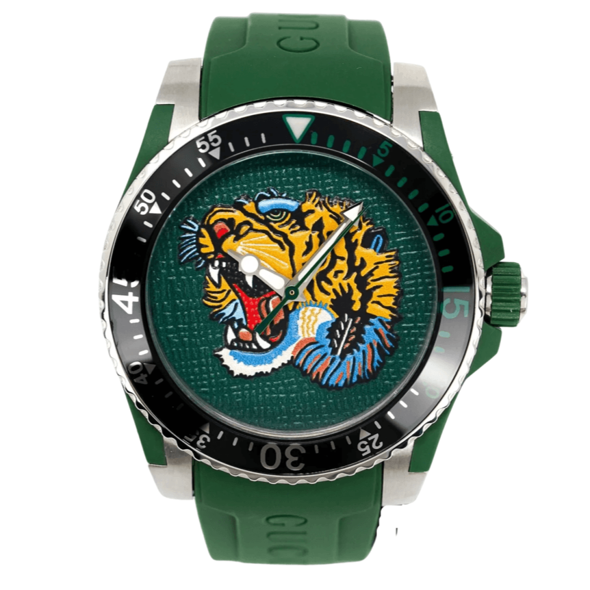 Gucci Dive Tiger Green Dial Green Rubber Strap Watch For Men