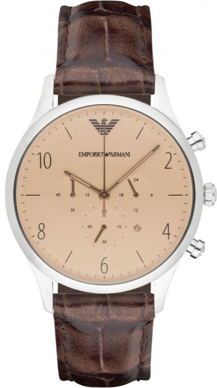 Emporio Armani Classic Chronograph Cream Dial Brown Leather 
