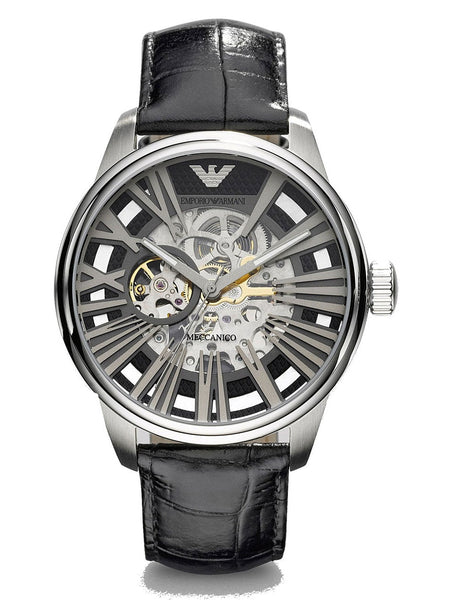 Emporio Armani Meccanico Automatic Black Dial Leather Strap Watch For
