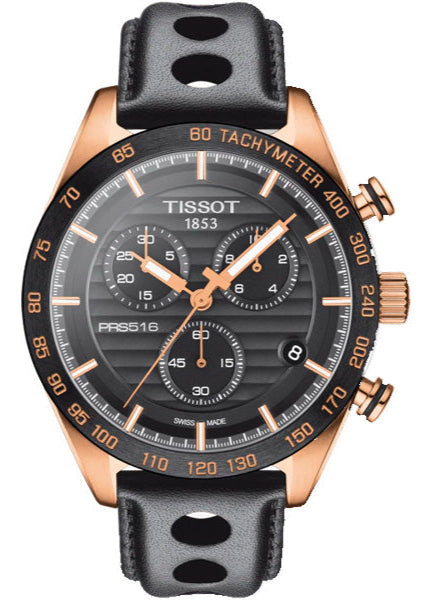 Tissot PRS 516 Chronograph Black Dial Jam Tangan Tali Kulit Hitam Untuk Pria - T100.417.36.051.00
