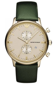 Emporio Armani Chronograph Champagne Dial Green Leather Strap Watch For Men - AR1722