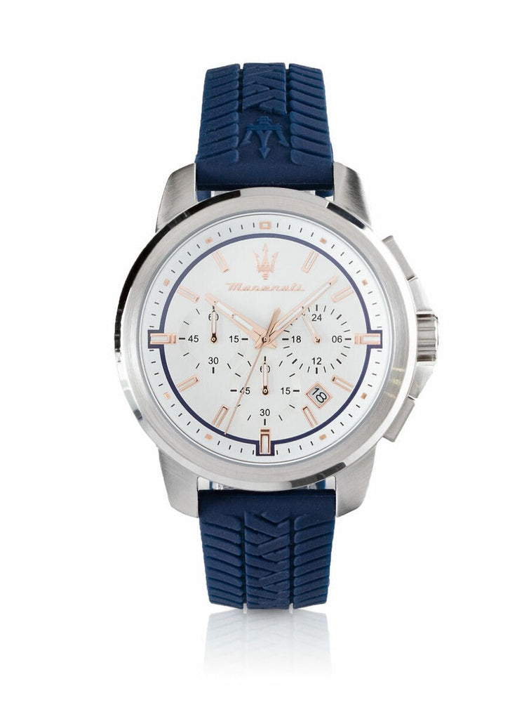 Maserati Successo Chronograph White Dial Blue Rubber Strap Watch