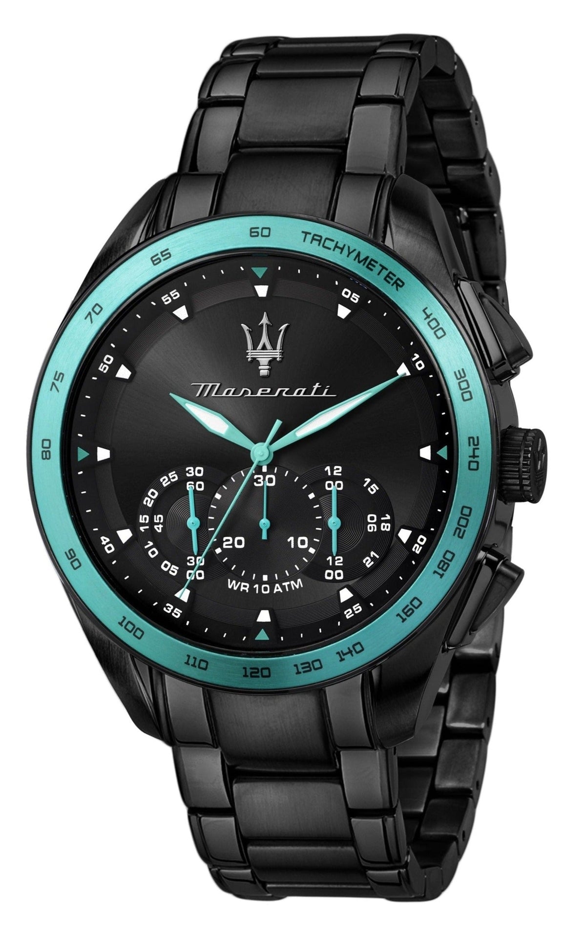 Maserati Traguardo Chronograph Aqua Edition Black Dial Black Steel Strap Watch For Men - R8873644002