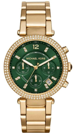 FREE GIFT | Michael Kors Parker Chronograph Green Dial Gold Steel Strap Watch for Women - MK6263