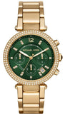 FREE GIFT | Michael Kors Parker Chronograph Green Dial Gold Steel Strap Watch for Women - MK6263