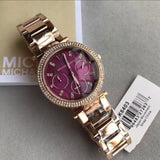Michael Kors Mini Parker Multi-Function Plum Mother of Pearl Dial Rose Gold Steel Strap Watch For Women - MK6403
