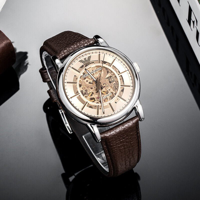 Emporio Armani Luigi Meccanico Brown Dial Brown Leather Strap