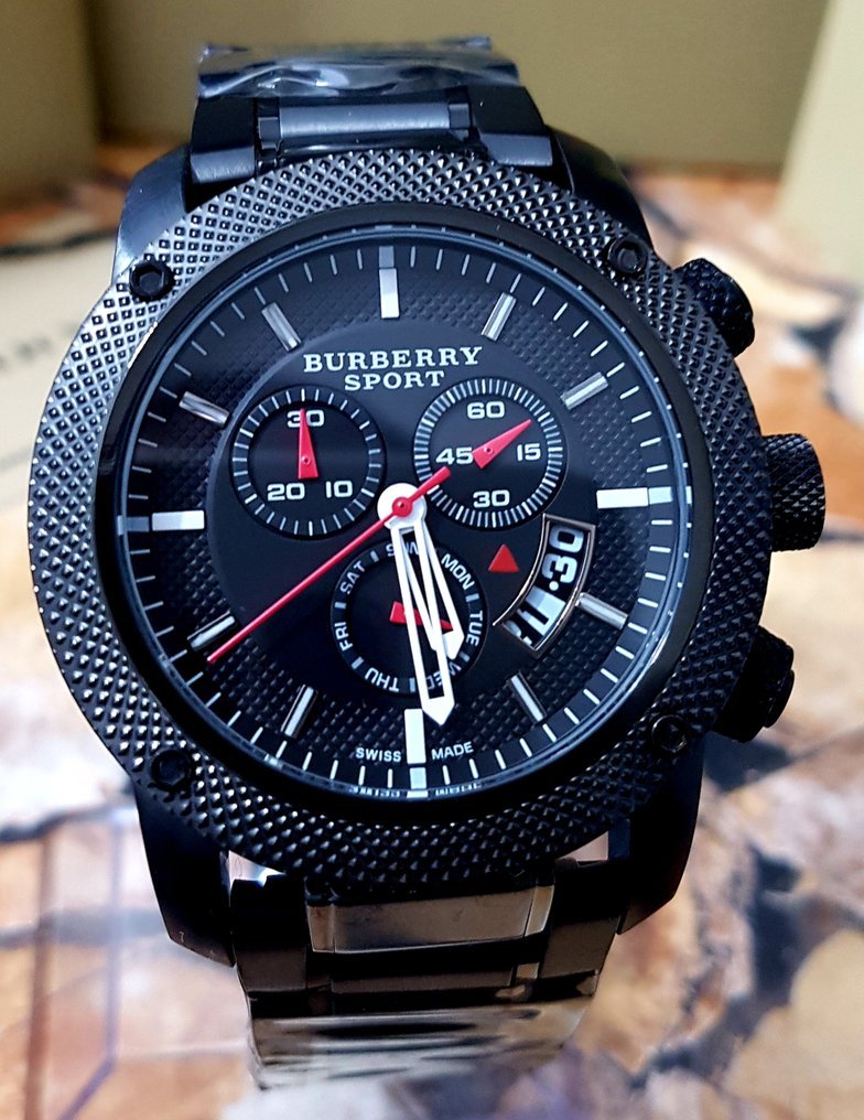 Burberry Sport Chronograph Black Dial Black Steel Strap Watch for Men