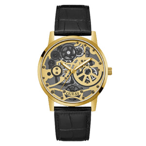 Guess Gadget Gold Dial Black Leather Strap Watch for Men - GW0570G1