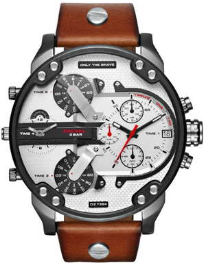 Diesel Mr. Daddy 2.0 Chronograph Silver Dial Brown Leather Strap Watch For Men - DZ7394