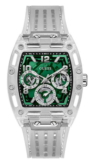 Guess Phoenix Quartz Green Dial Transparent Silicone Strap Watch For Men - GW0499G8